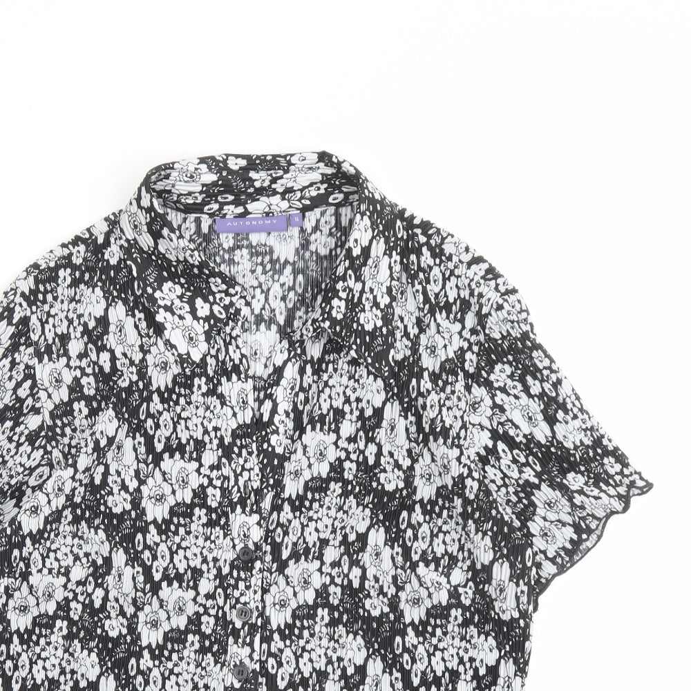 Autonomy Womens Black Floral Polyester Basic Button-Up Size 16 Collared