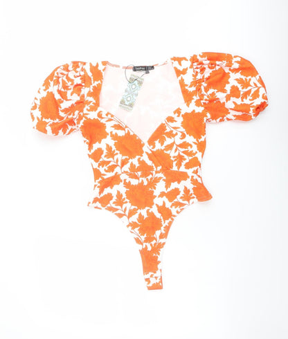 Boohoo Womens Orange Floral Polyester Bodysuit One-Piece Size 10 Snap