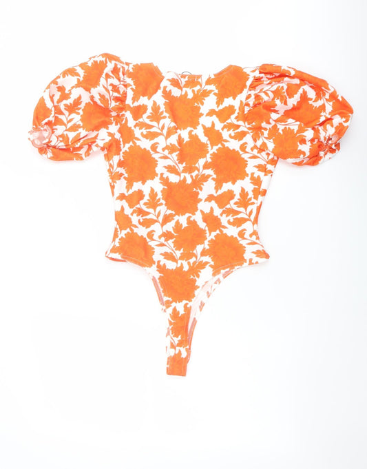 Boohoo Womens Orange Floral Polyester Bodysuit One-Piece Size 10 Snap