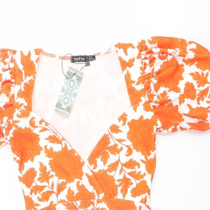 Boohoo Womens Orange Floral Polyester Bodysuit One-Piece Size 10 Snap