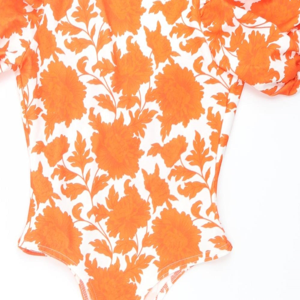 Boohoo Womens Orange Floral Polyester Bodysuit One-Piece Size 10 Snap