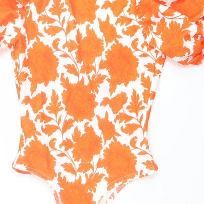 Boohoo Womens Orange Floral Polyester Bodysuit One-Piece Size 10 Snap