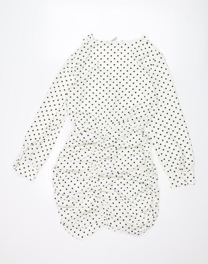 Zara Womens Ivory Polka Dot Polyester Mini Size S V-Neck Zip