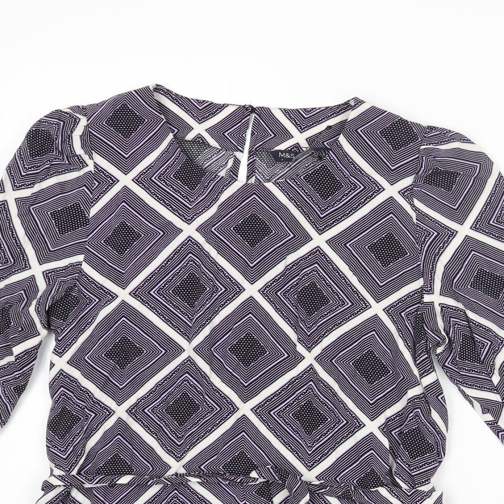 Marks and Spencer Womens Purple Geometric Viscose Basic Blouse Size 6 Round Neck