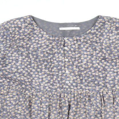 Zara Womens Blue Floral Polyester Basic Blouse Size L Round Neck
