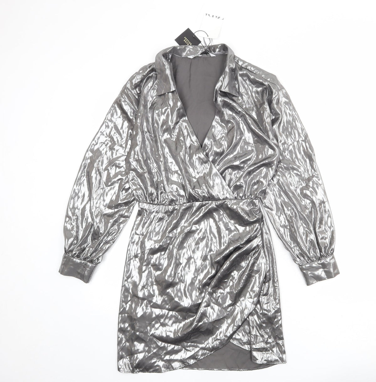 Zara Womens Silver Polyester A-Line Size S Collared Zip
