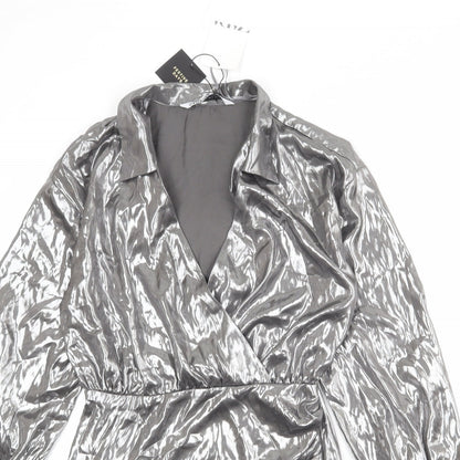 Zara Womens Silver Polyester A-Line Size S Collared Zip