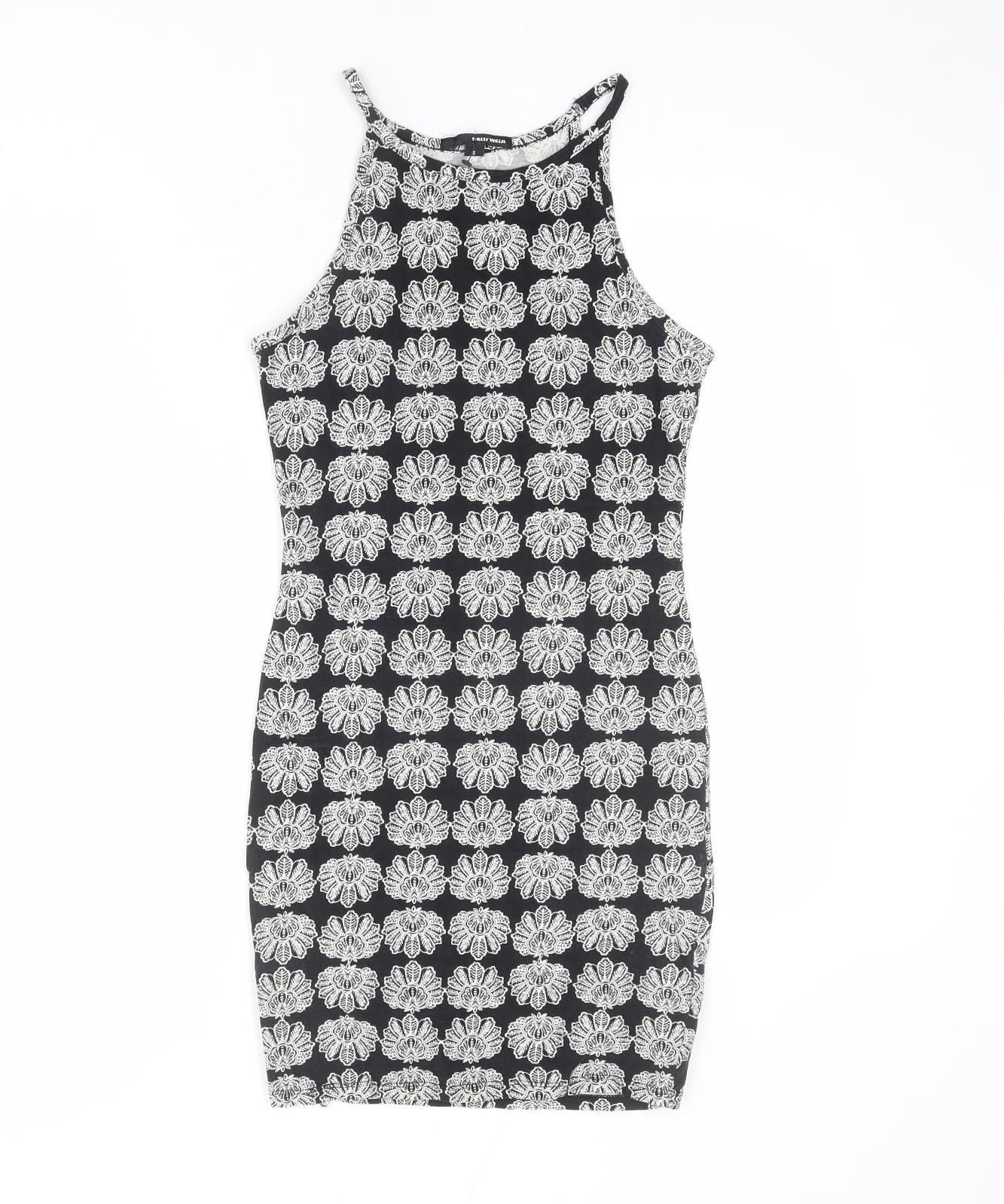 TALLY WEiJL Womens Black Geometric Cotton Bodycon Size S Boat Neck Pullover