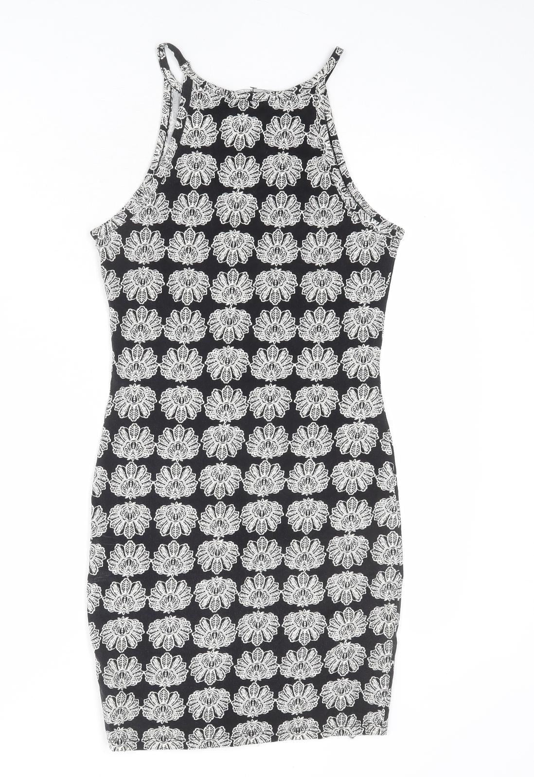 TALLY WEiJL Womens Black Geometric Cotton Bodycon Size S Boat Neck Pullover