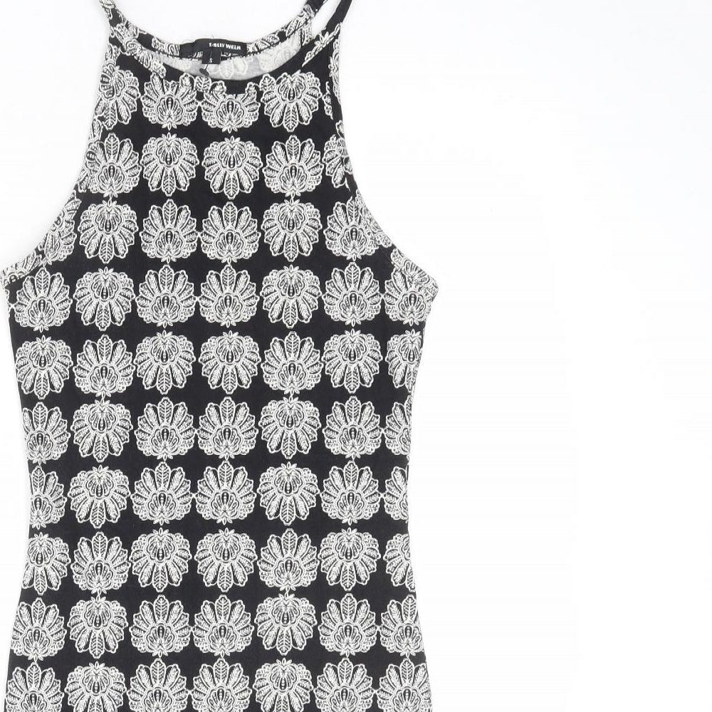 TALLY WEiJL Womens Black Geometric Cotton Bodycon Size S Boat Neck Pullover