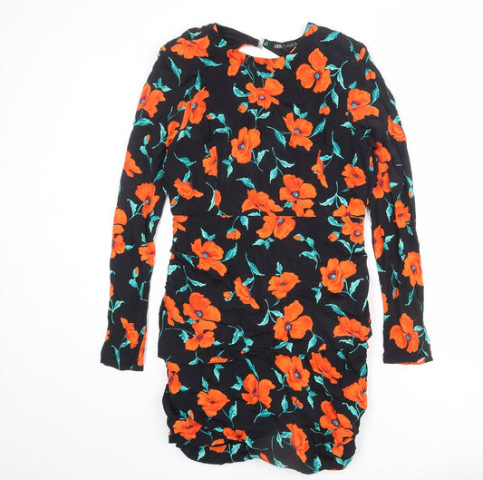 Zara Womens Black Floral Viscose A-Line Size L Round Neck Zip