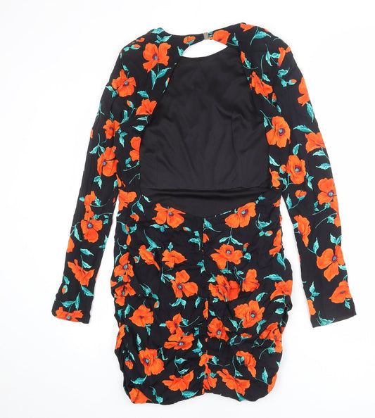 Zara Womens Black Floral Viscose A-Line Size L Round Neck Zip