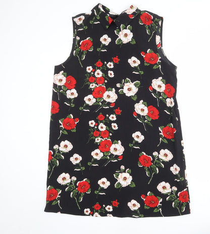 Fashion Union Womens Black Floral Polyester Shift Size 16 Collared Tie