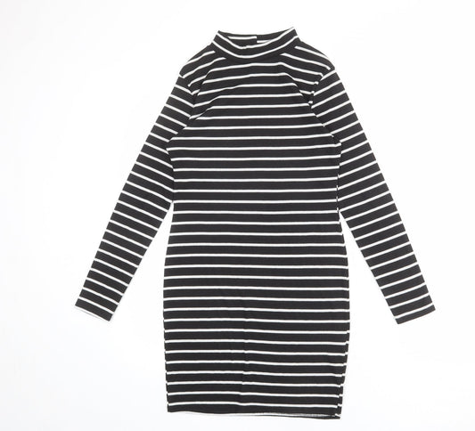 Cameo Rose Womens Black Striped Polyester T-Shirt Dress Size 14 Mock Neck Pullover