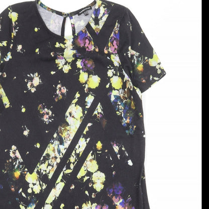 Warehouse Womens Black Floral Polyester Shift Size 10 Round Neck Button