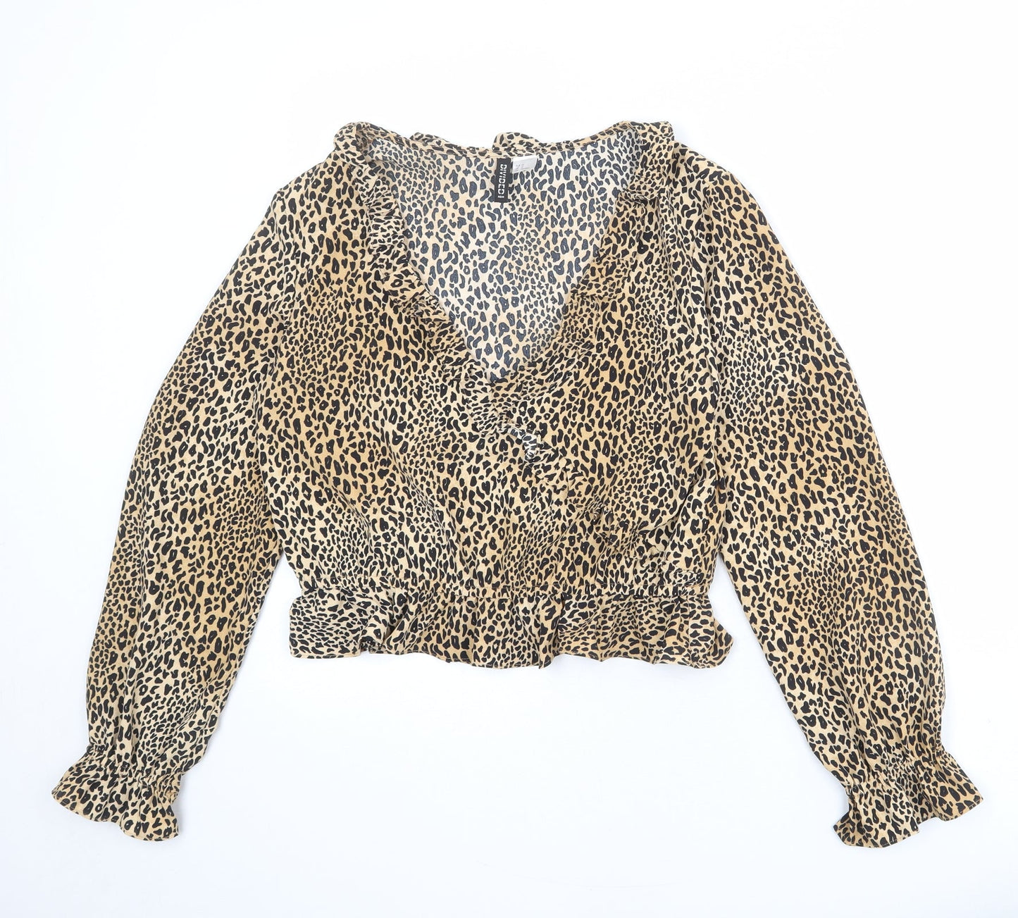 Divided by H&M Womens Beige Animal Print Polyester Basic Blouse Size M V-Neck - Leopard Print