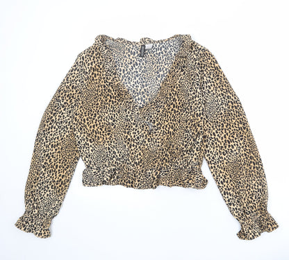 Divided by H&M Womens Beige Animal Print Polyester Basic Blouse Size M V-Neck - Leopard Print