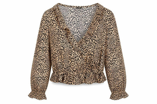 Divided by H&M Womens Beige Animal Print Polyester Basic Blouse Size M V-Neck - Leopard Print