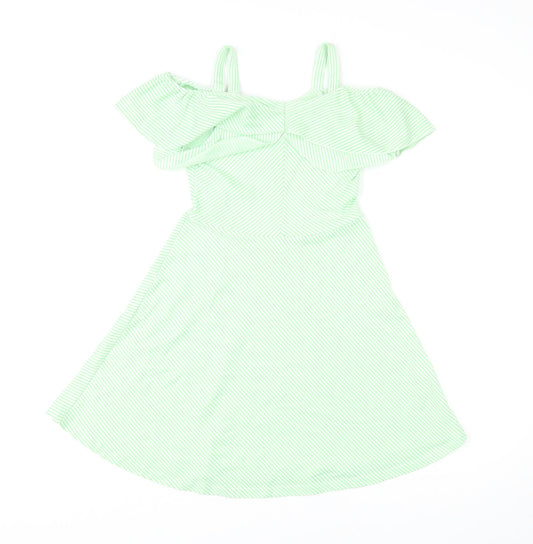 Zara Womens Green Striped Cotton Fit & Flare Size 10 Off the Shoulder Pullover