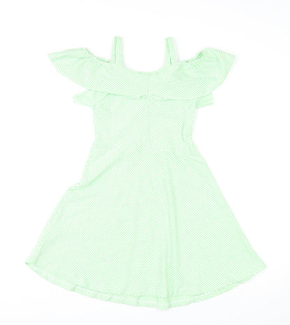Zara Womens Green Striped Cotton Fit & Flare Size 10 Off the Shoulder Pullover