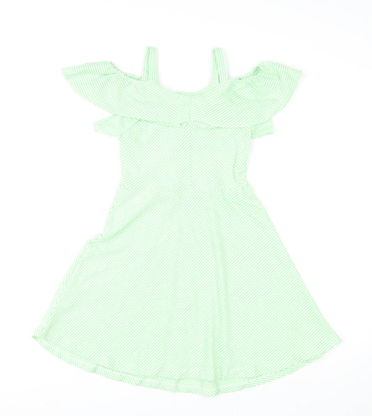 Zara Womens Green Striped Cotton Fit & Flare Size 10 Off the Shoulder Pullover