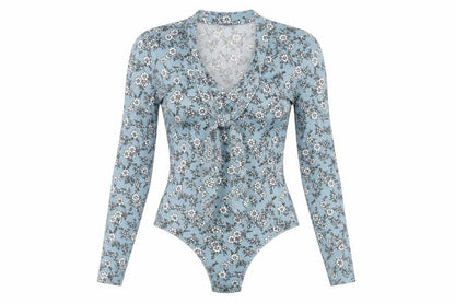 Blue Vanilla Womens Blue Floral Polyester Bodysuit One-Piece Size 8 Snap