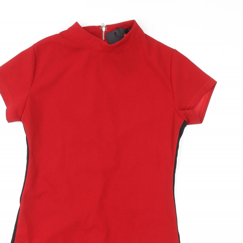 AX Paris Womens Red Colourblock Polyester A-Line Size 12 Mock Neck Pullover