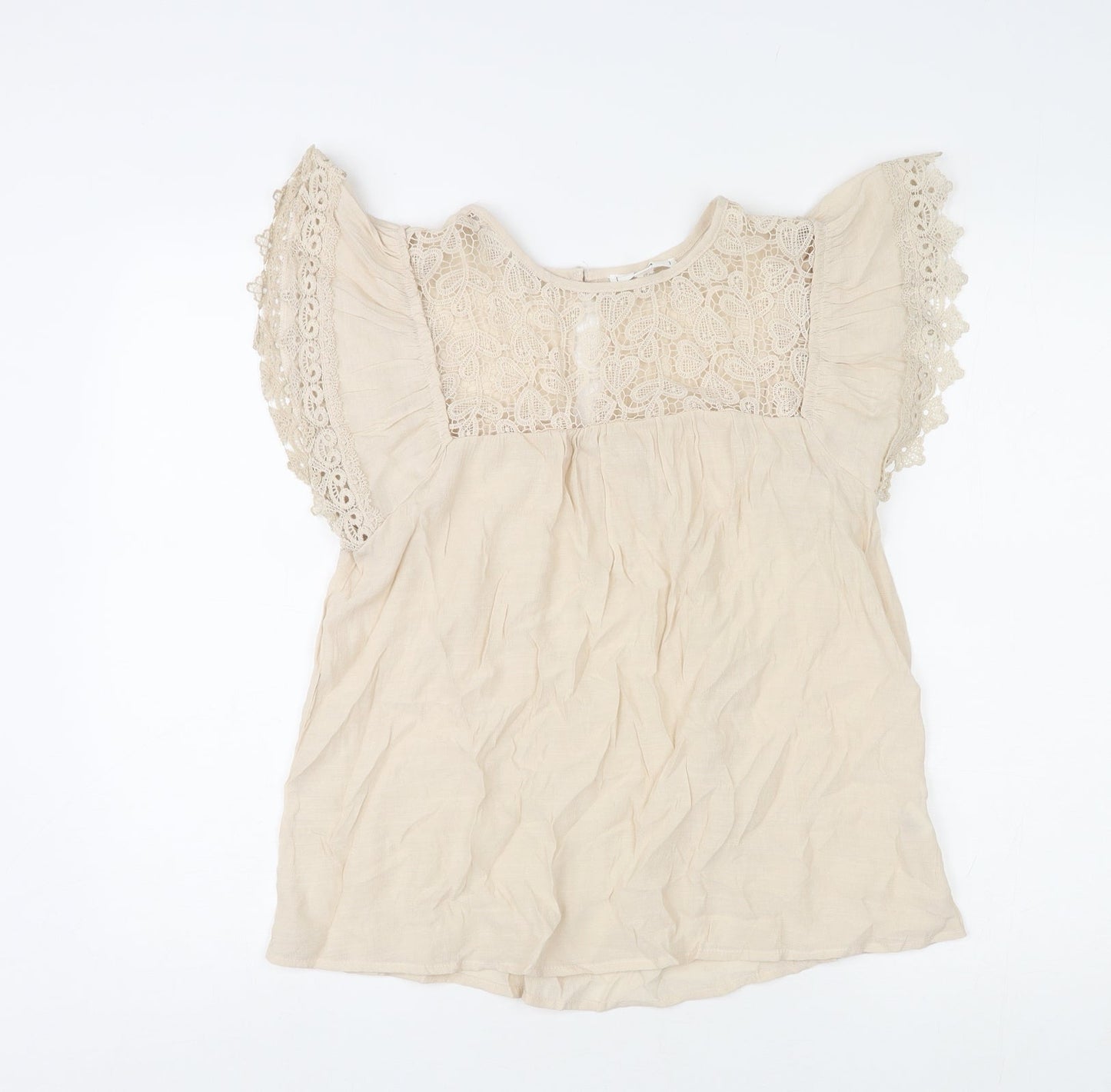 E&M Womens Beige Polyester Basic Blouse Size S Round Neck