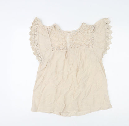 E&M Womens Beige Polyester Basic Blouse Size S Round Neck