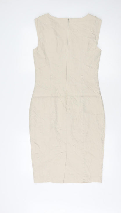 Marks and Spencer Womens Beige Linen Pencil Dress Size 8 V-Neck Zip