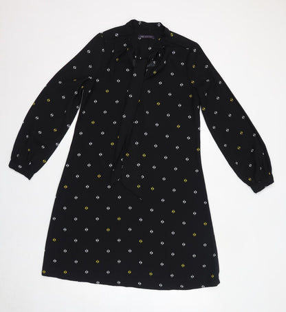 Marks and Spencer Womens Black Geometric Polyester Shift Size 10 Round Neck Pullover - Tie Neck Detail