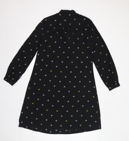 Marks and Spencer Womens Black Geometric Polyester Shift Size 10 Round Neck Pullover - Tie Neck Detail