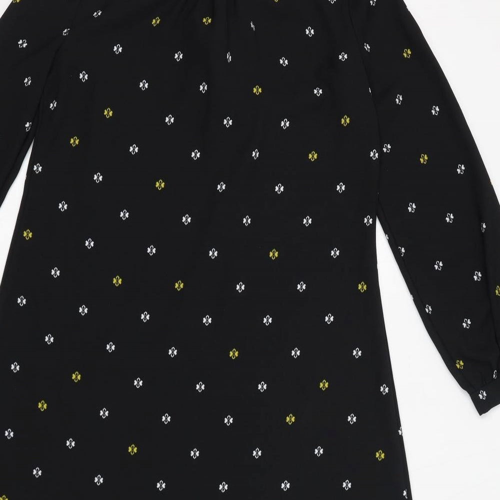 Marks and Spencer Womens Black Geometric Polyester Shift Size 10 Round Neck Pullover - Tie Neck Detail