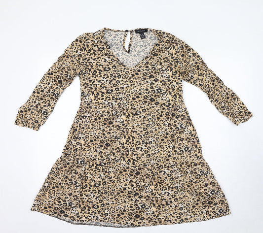 New Look Womens Beige Animal Print Viscose Ball Gown Size 8 V-Neck Pullover - Leopard Print