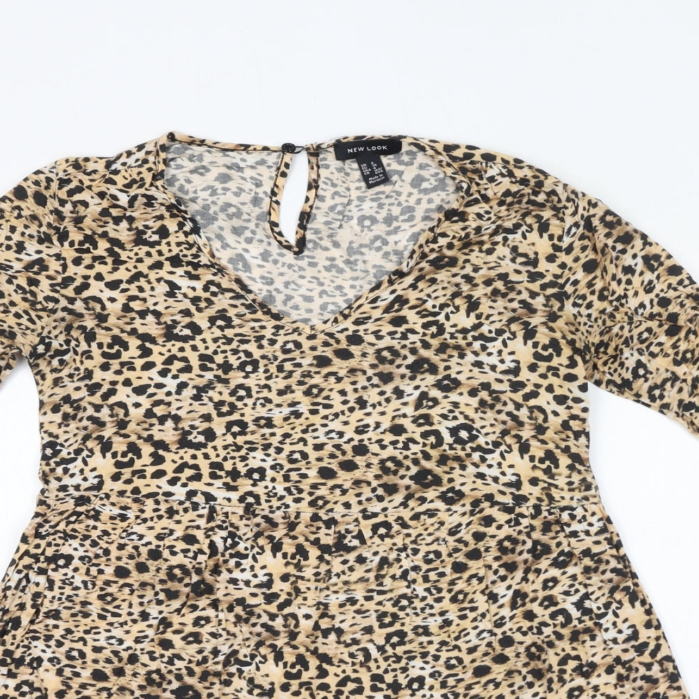 New Look Womens Beige Animal Print Viscose Ball Gown Size 8 V-Neck Pullover - Leopard Print