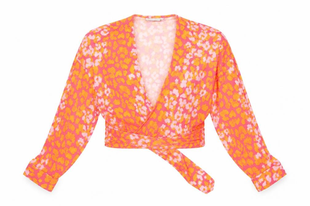 Front view of ASOS women’s pink animal print viscose cropped blouse, size UK 8, v-neck - tie front