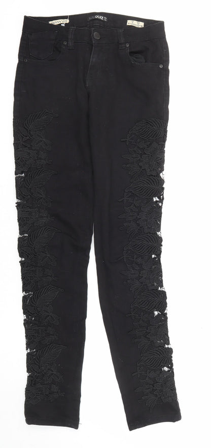 Quiz Womens Black Cotton Skinny Jeans Size 6 L31 in Regular Zip - Crocheted Lace Detail