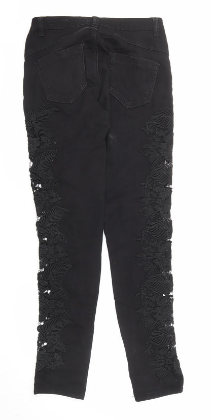 Quiz Womens Black Cotton Skinny Jeans Size 6 L31 in Regular Zip - Crocheted Lace Detail