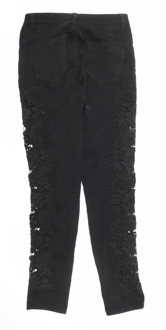 Quiz Womens Black Cotton Skinny Jeans Size 6 L31 in Regular Zip - Crocheted Lace Detail