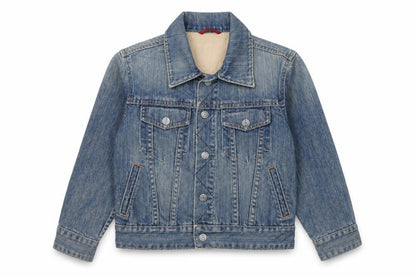 Front view of Gap boys’ blue herringbone basic jacket jacket, size 6-7, years button