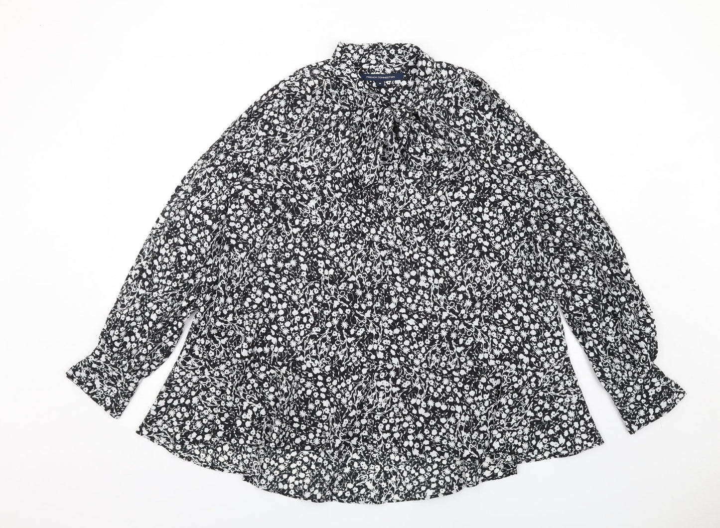 French Connection Womens Black Floral Polyester Basic Blouse Size M Collared