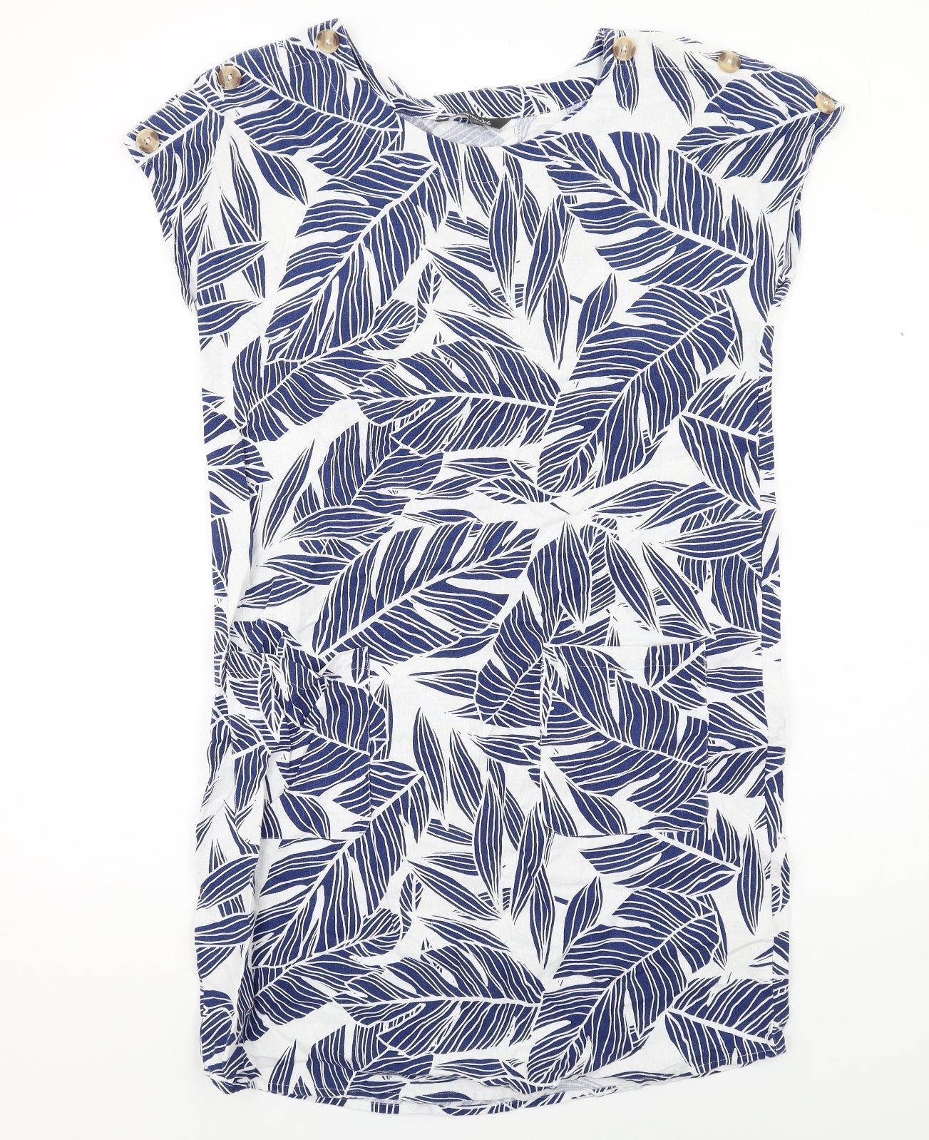 Bonmarché Womens Blue Geometric Linen Shift Size 12 Round Neck Pullover - Leaf pattern