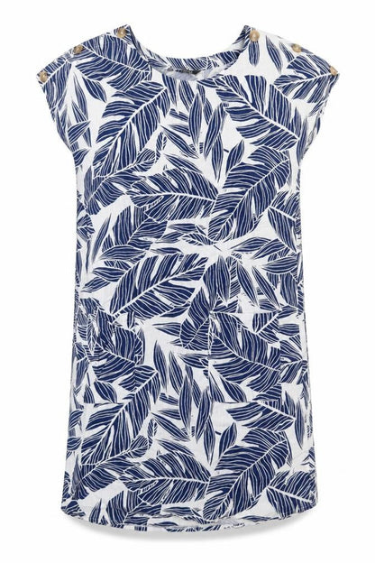 Bonmarché Womens Blue Geometric Linen Shift Size 12 Round Neck Pullover - Leaf pattern