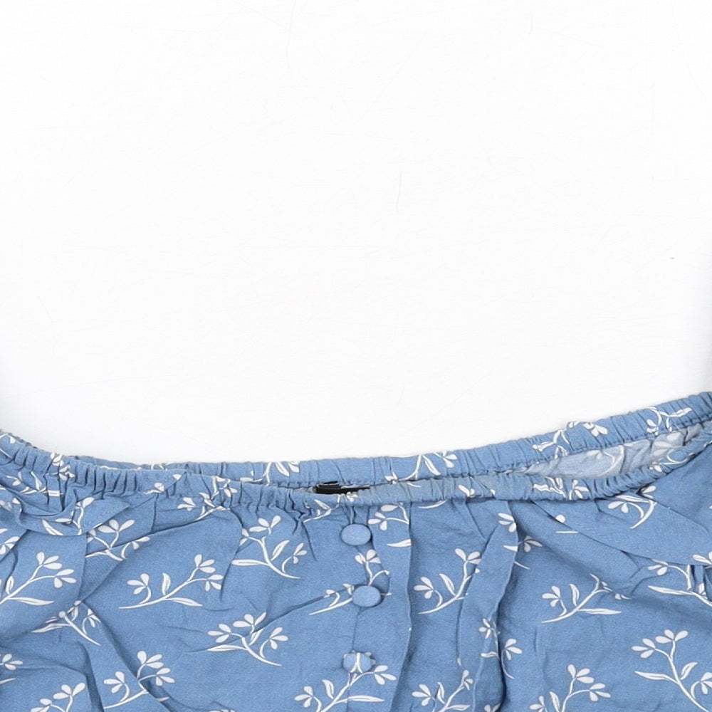New Look Womens Blue Floral Viscose Cropped Blouse Size 14 Scoop Neck