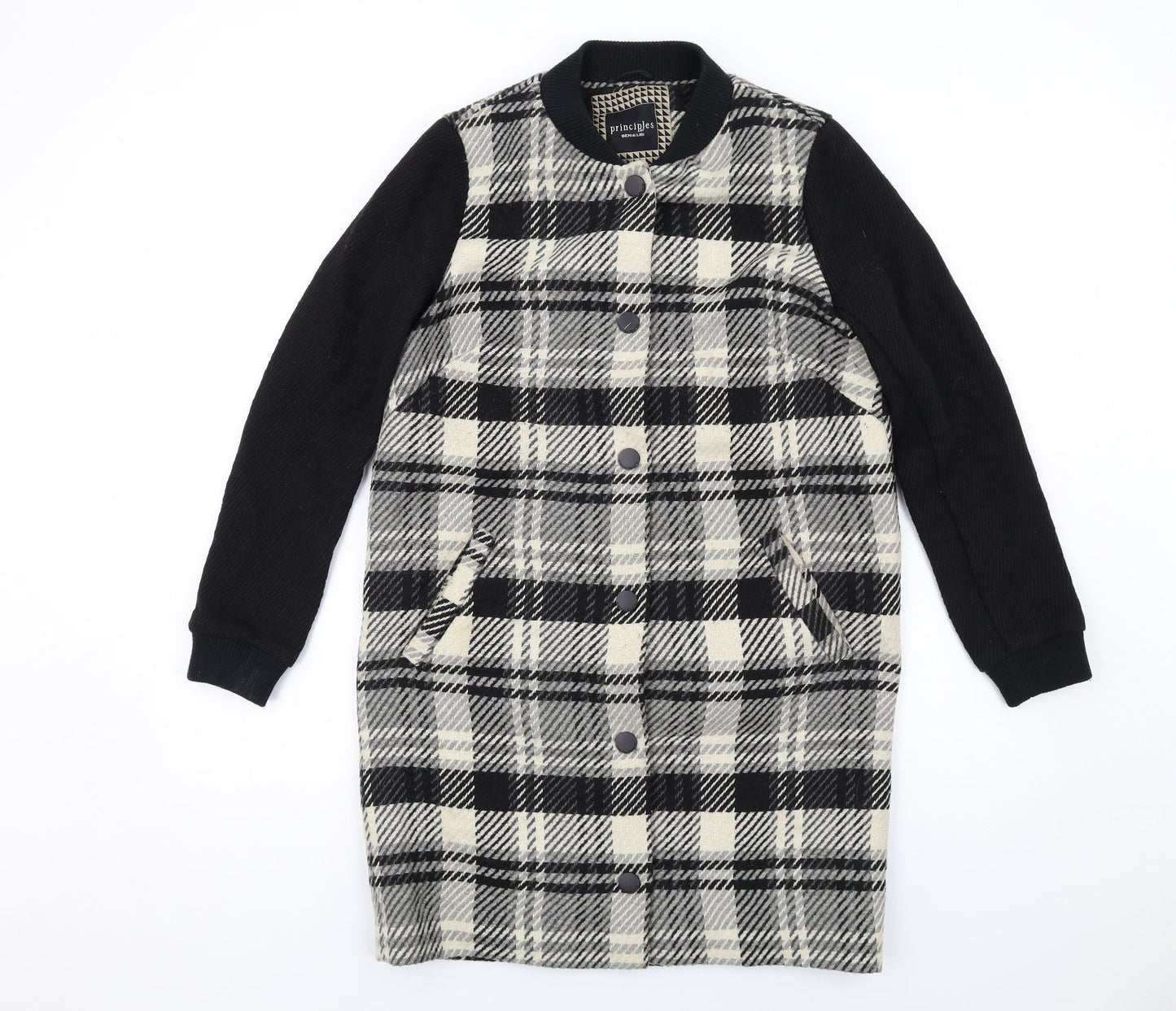 Principles Womens Black Plaid Overcoat Coat Size 8 Snap