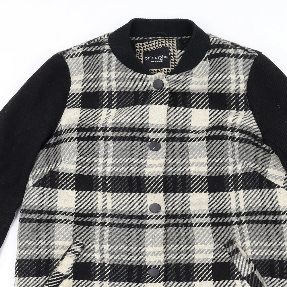 Principles Womens Black Plaid Overcoat Coat Size 8 Snap