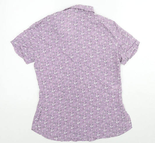 AMARANTO Womens Purple Floral Viscose Basic Button-Up Size 10 Collared