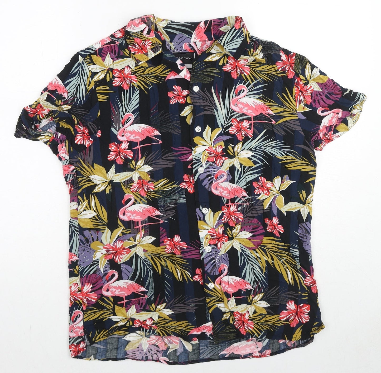 Red Herring Mens Multicoloured Geometric Viscose Button-Up Size S Collared Button - Flamingo Print