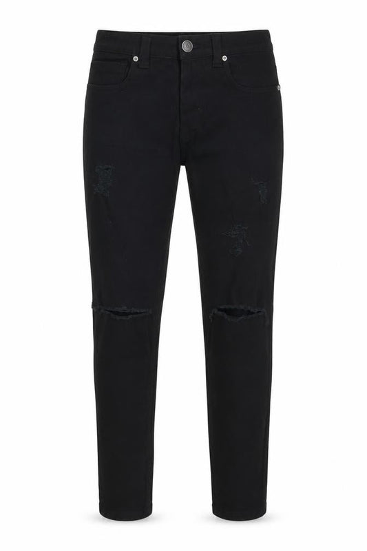 Front view of Denim & Co. men’s black cotton skinny jeans, size 32, in, 30-inch leg slim zip