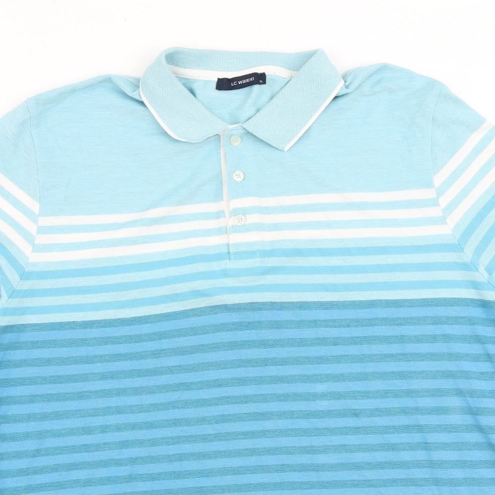 LC Waikiki Mens Blue Striped 100% Cotton Polo Size L Collared Button